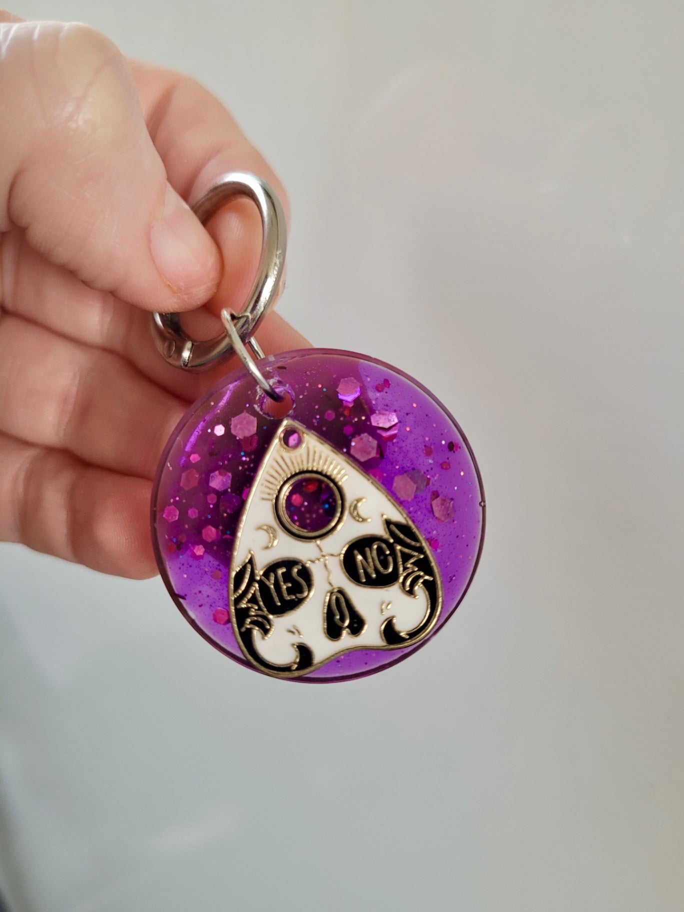 Witchy Ouija Boot Charms – Purple Glitter Resin with YES/NO Planchettes