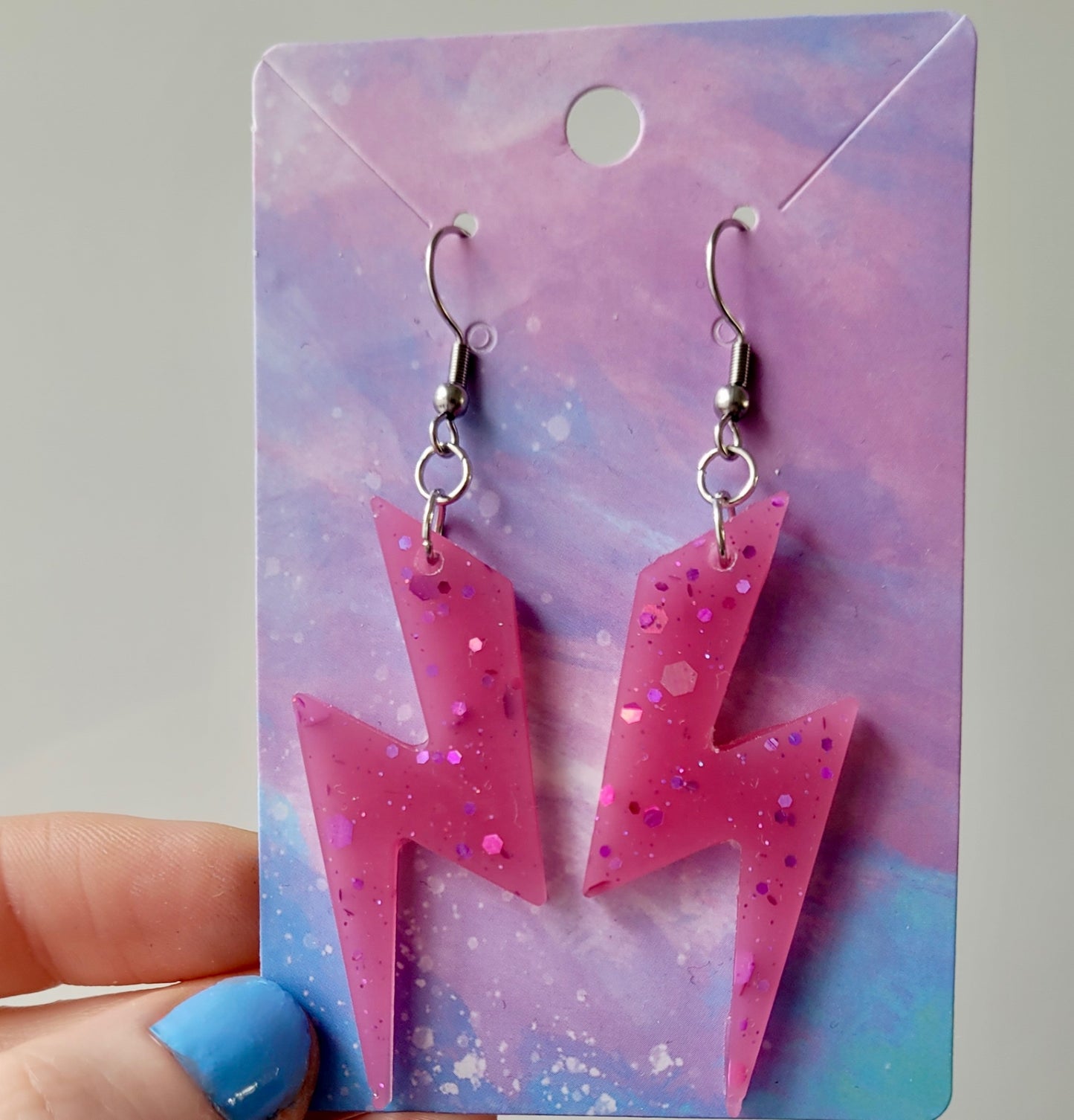Pink Shimmer Lightning Bolt Earrings - Stainless Steel Hooks