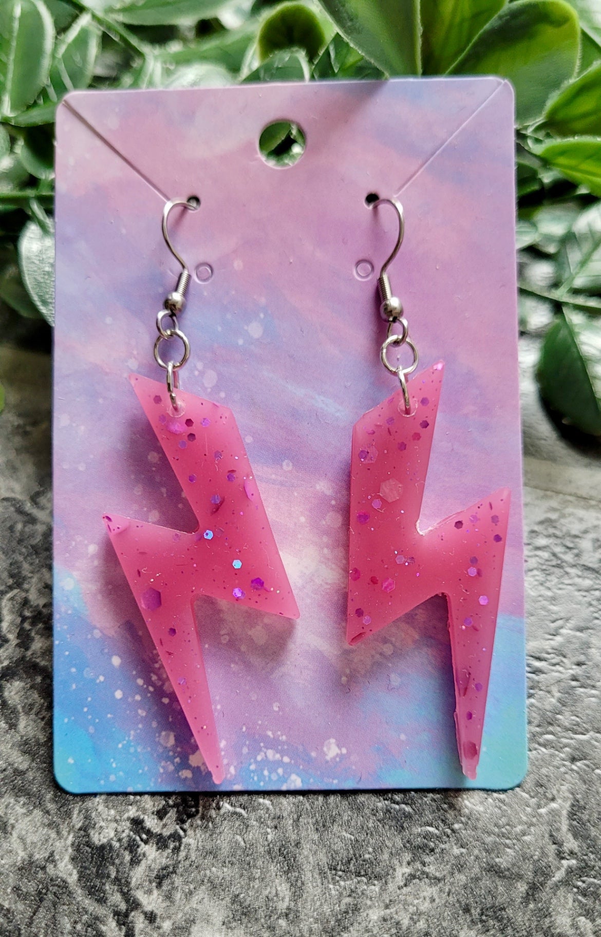 Pink Shimmer Lightning Bolt Earrings - Stainless Steel Hooks