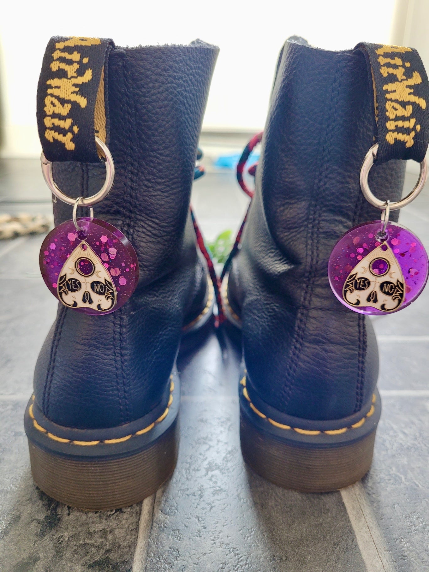 Witchy Ouija Boot Charms – Purple Glitter Resin with YES/NO Planchettes