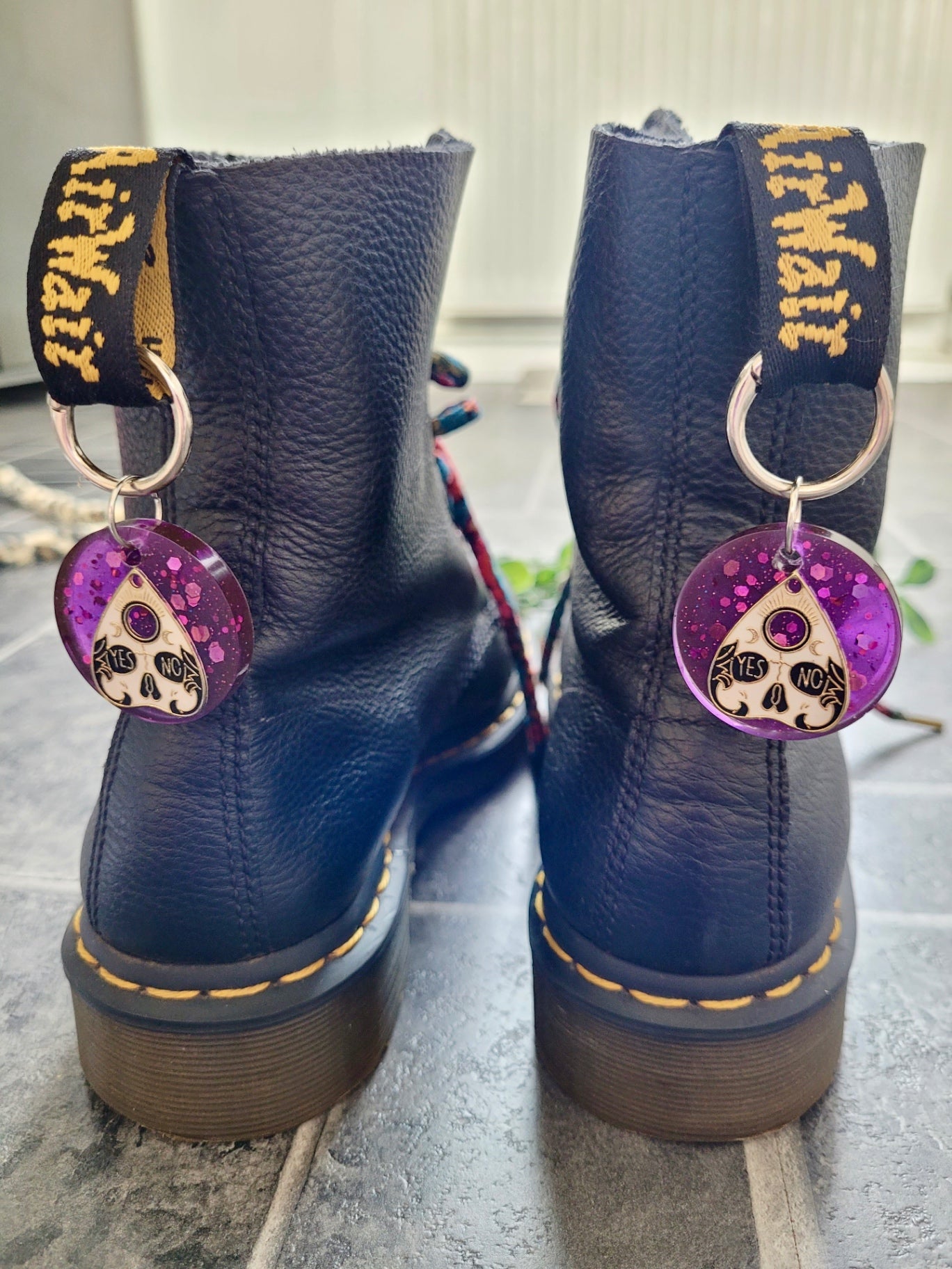 Witchy Ouija Boot Charms – Purple Glitter Resin with YES/NO Planchettes
