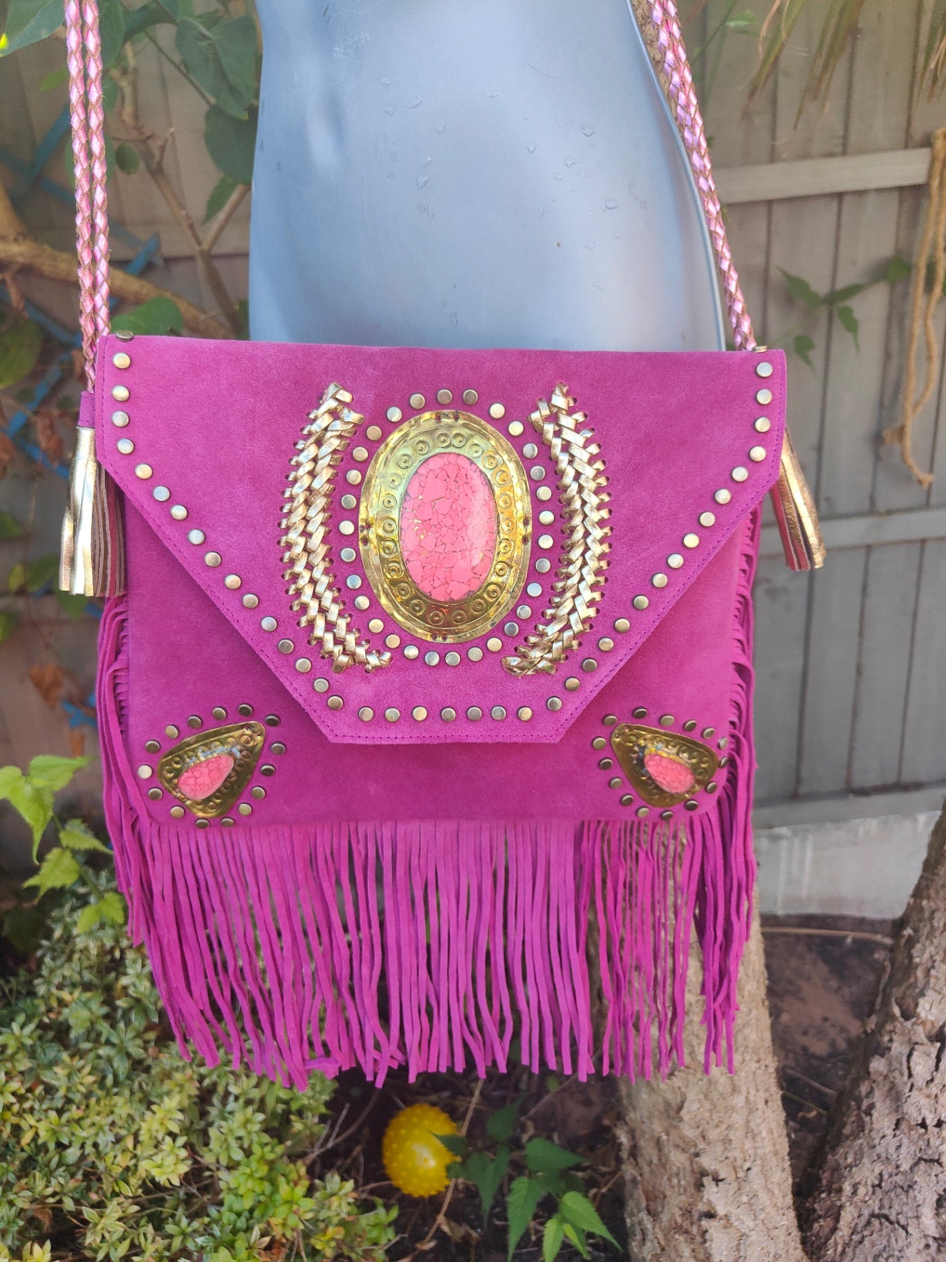 Yellowstone cross body bag with Moroccan stone detailing - Hot Pink