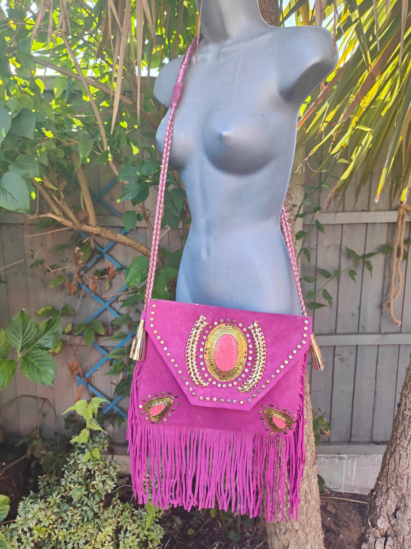 Yellowstone cross body bag with Moroccan stone detailing - Hot Pink