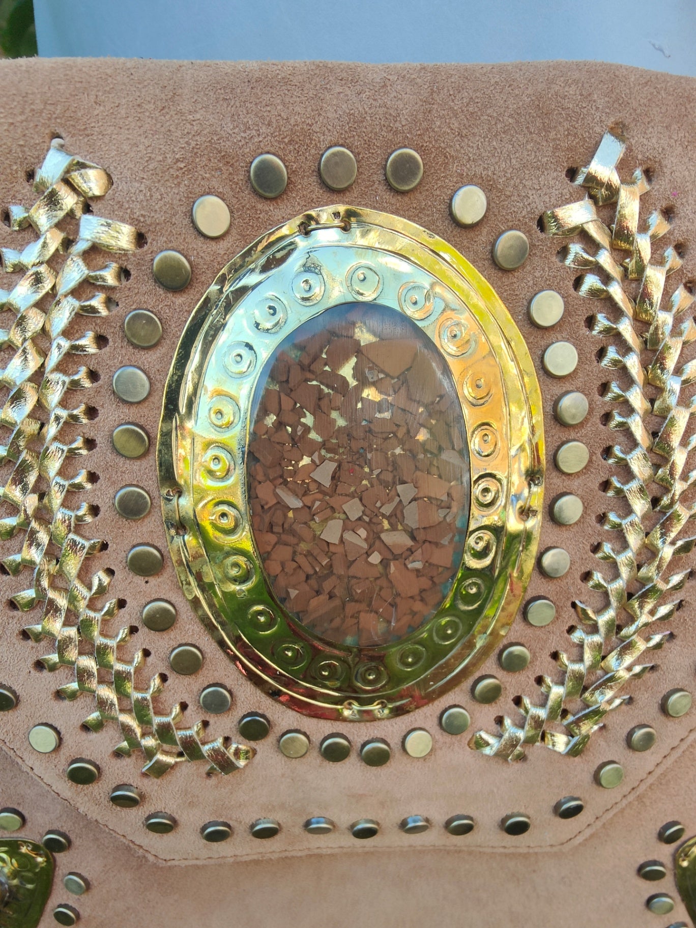 Yellowstone cross body bag with Moroccan stone detailing TAN