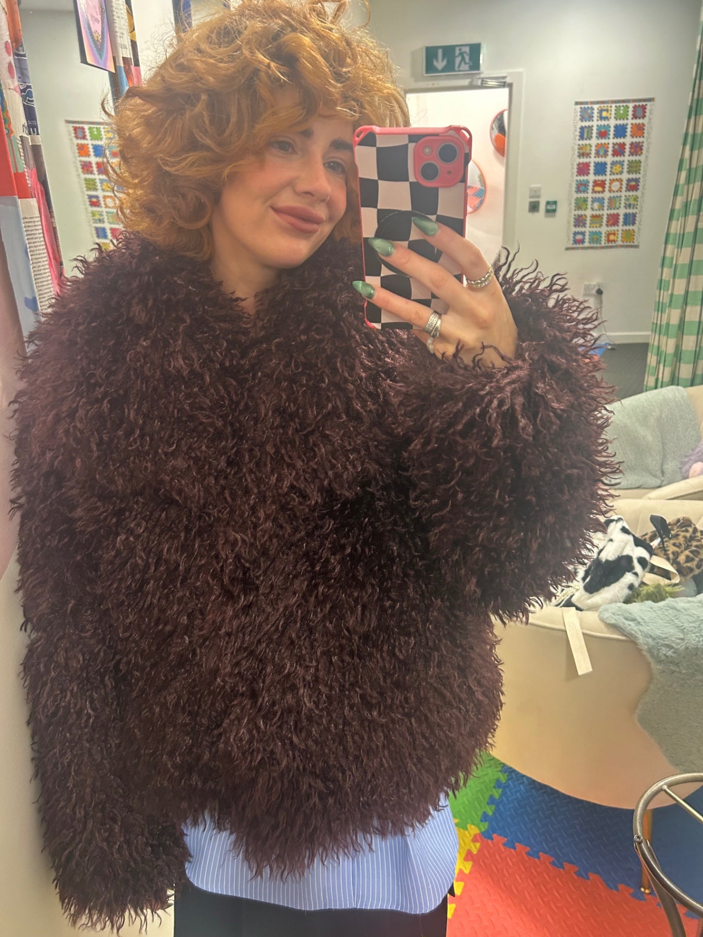 Red Wine Faux Fur Mongolian Fur Jacket with Clasps