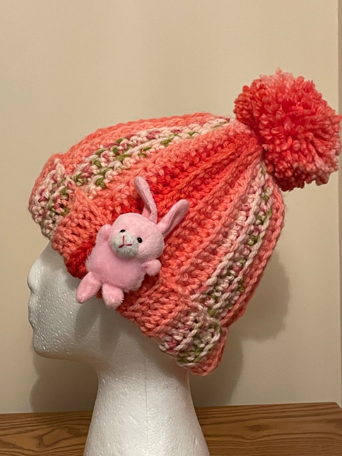 Pink coral Pom Pom with rabbit