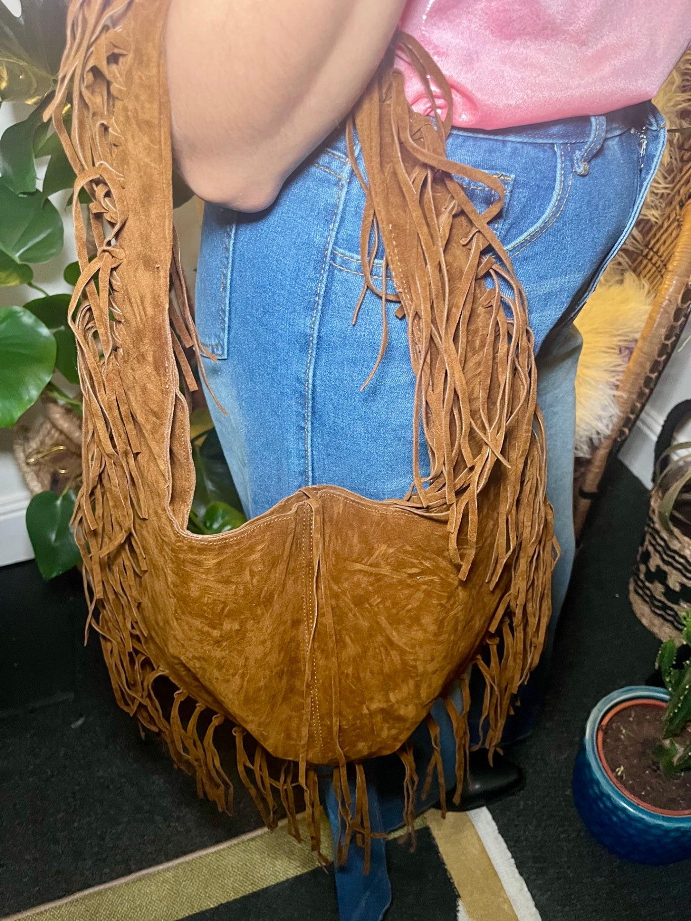 Fringe Moon Bag – Brown Faux Suede