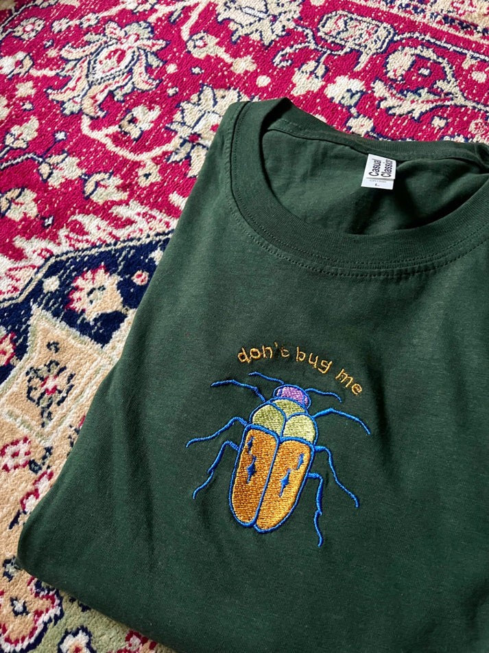 Don't Bug Me Beetle Embroidered Unisex Green T-Shirt - MEDIUM