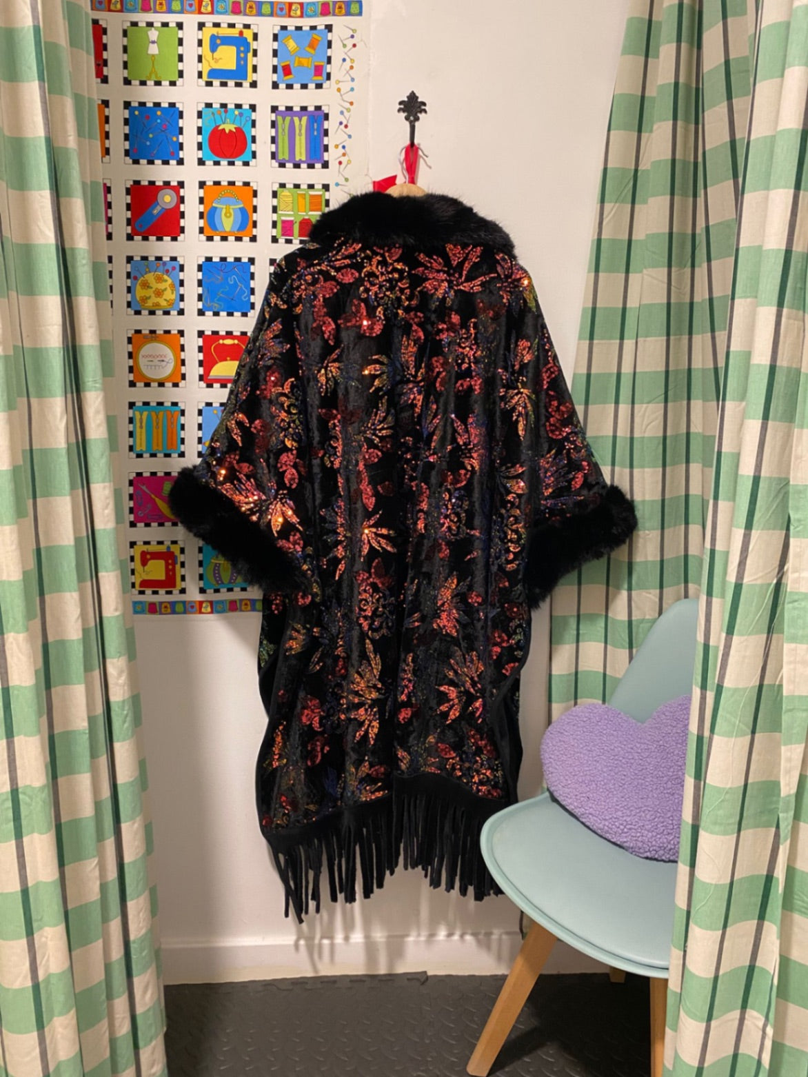 Sequin Black Fur Cape jacket