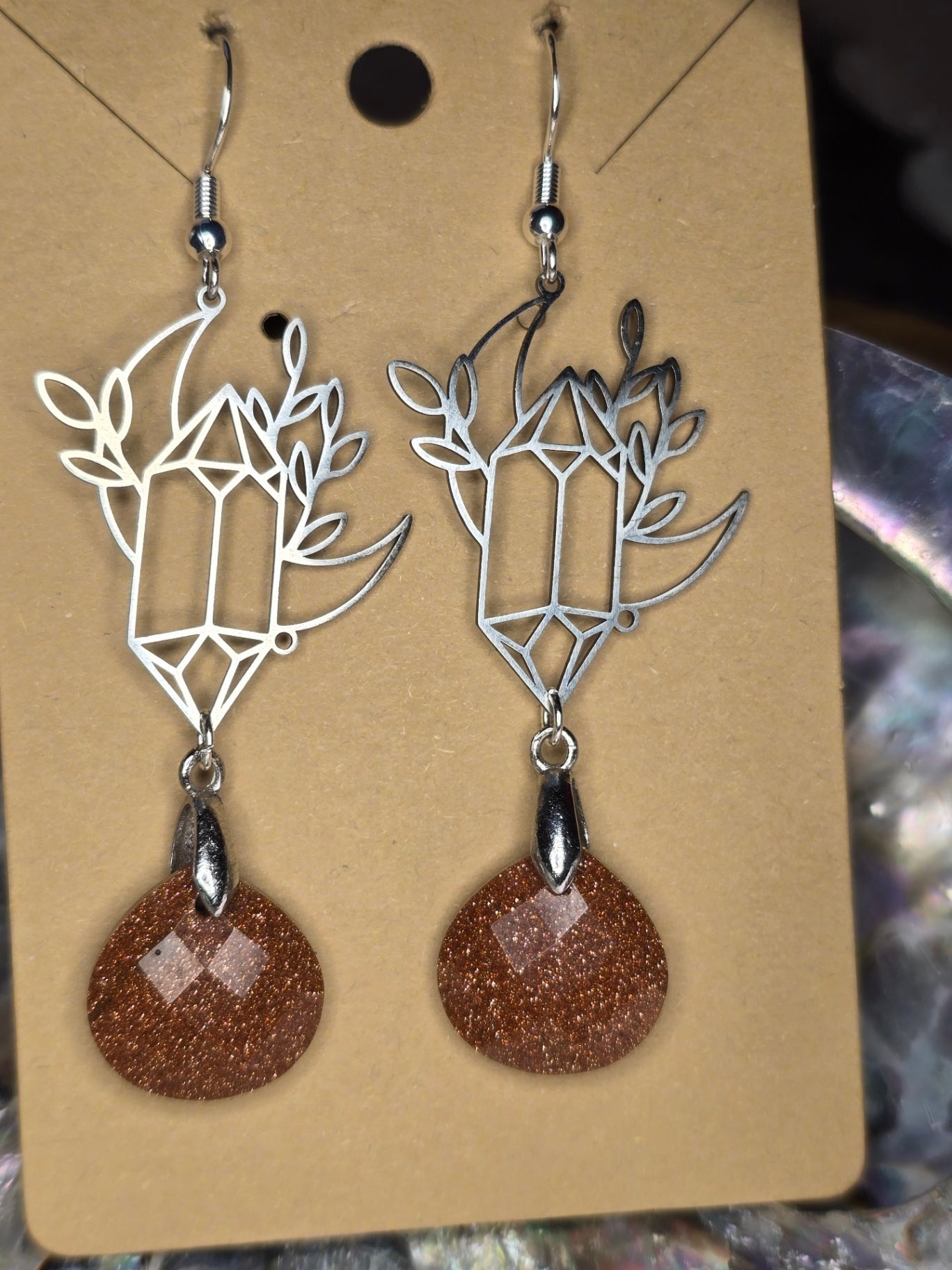Goldstone crystal moon earrings