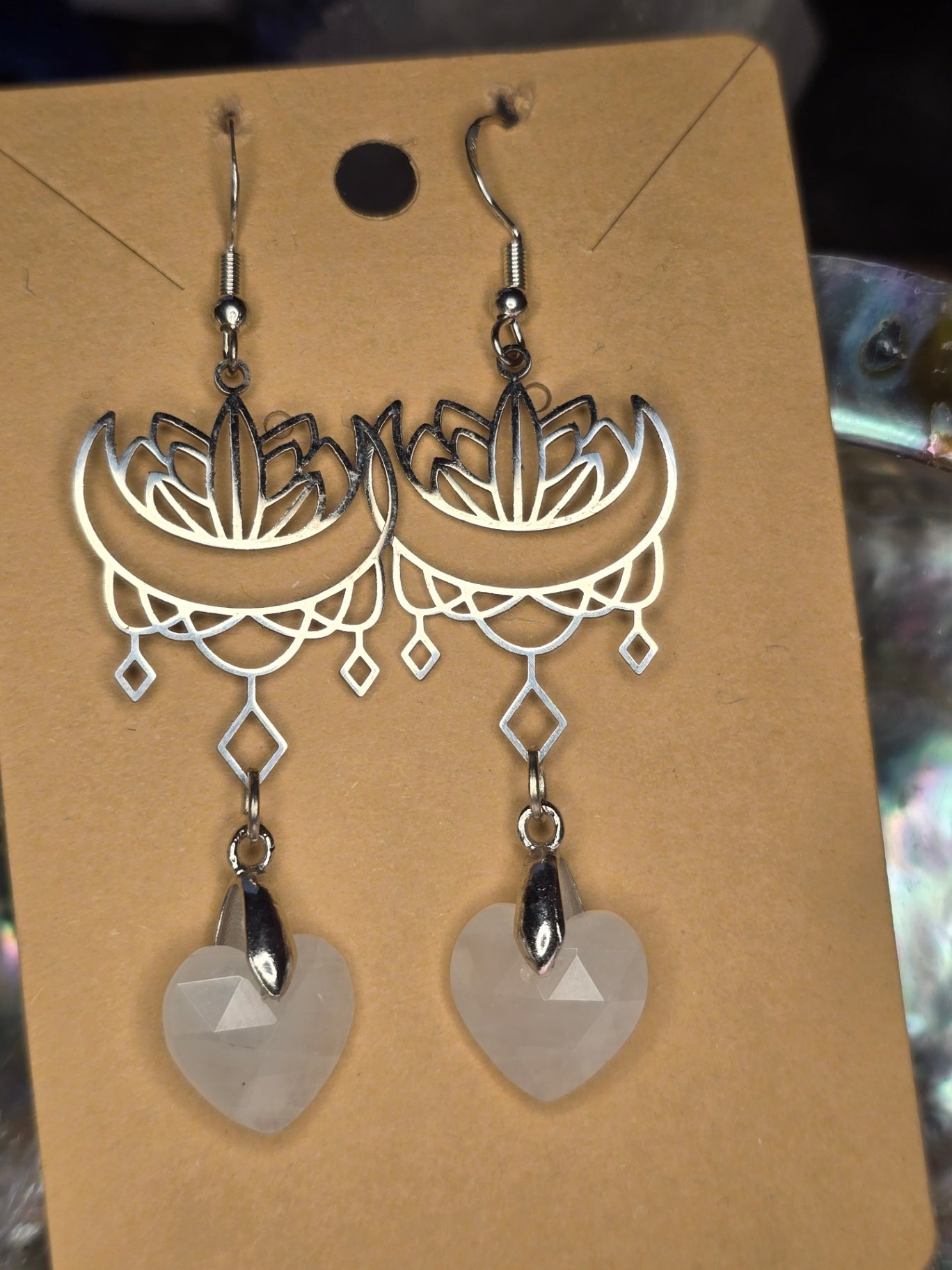 Milky quartz heart mandala moon earrings