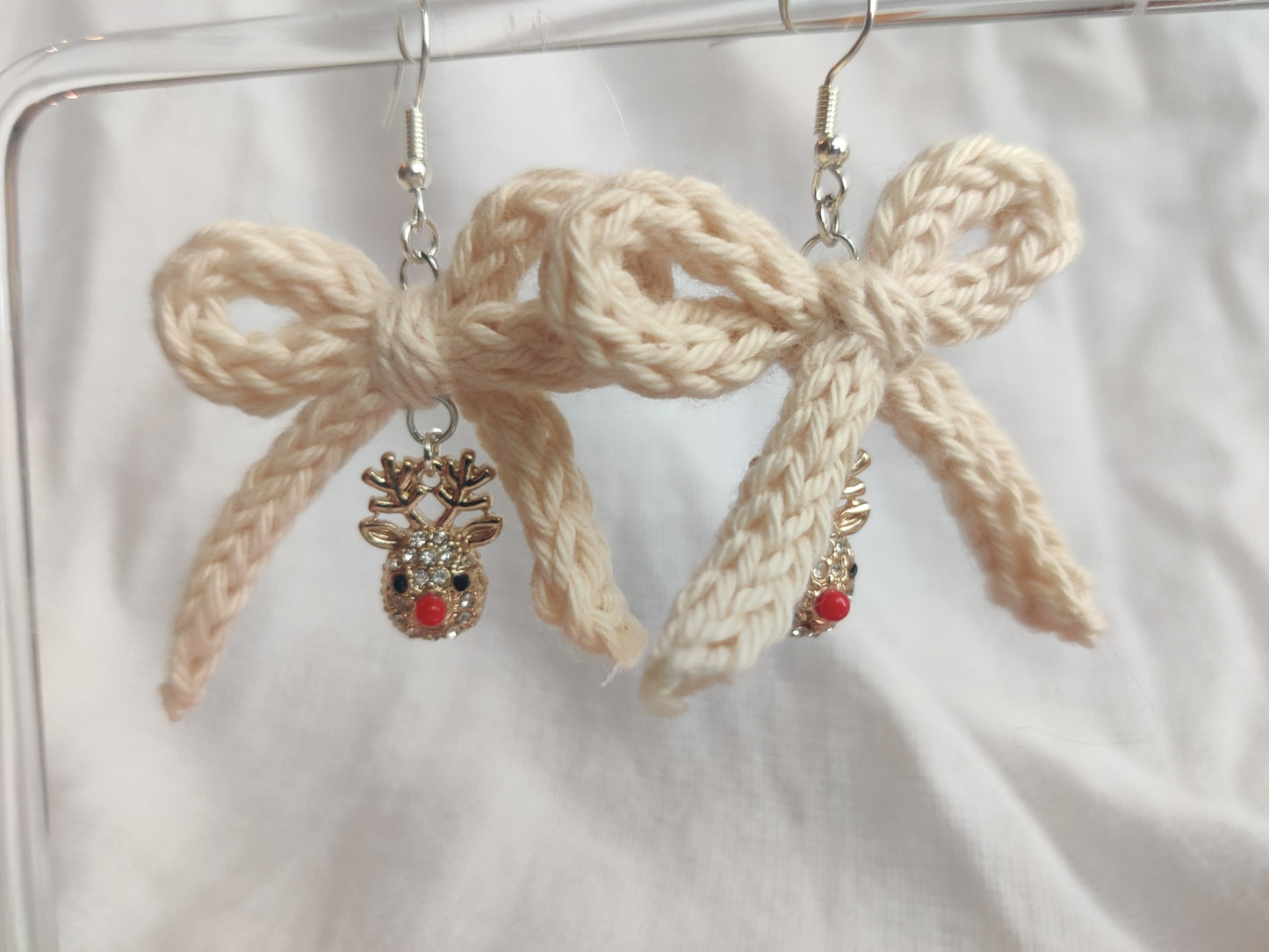 Festive crochet earrings, bows and sparkle reindeer charms