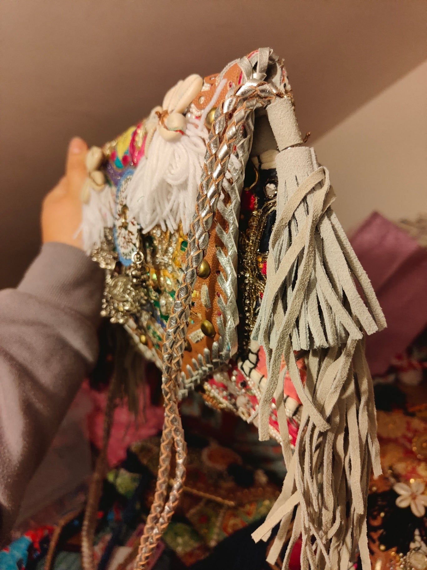 Chilean Boho bag - silver coins shells tassles