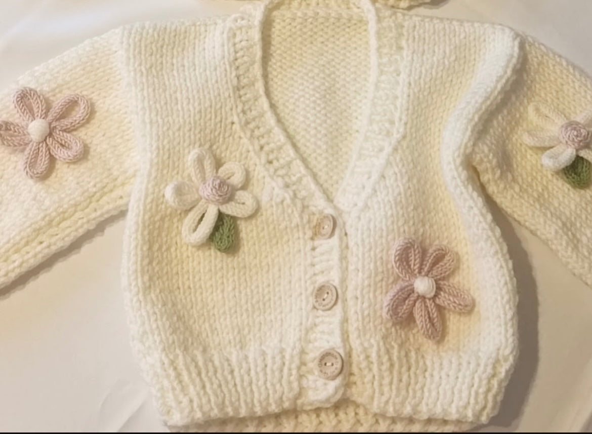 Handmade Cream Cardigan With Daisy Details