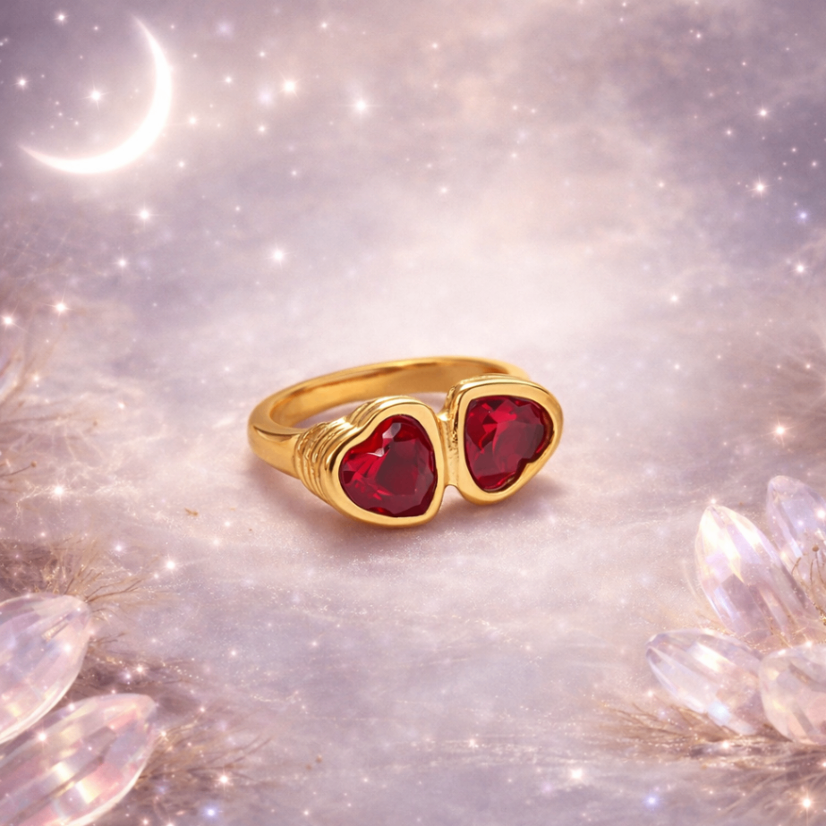 Valentine Red Twin Heart Ring Gold