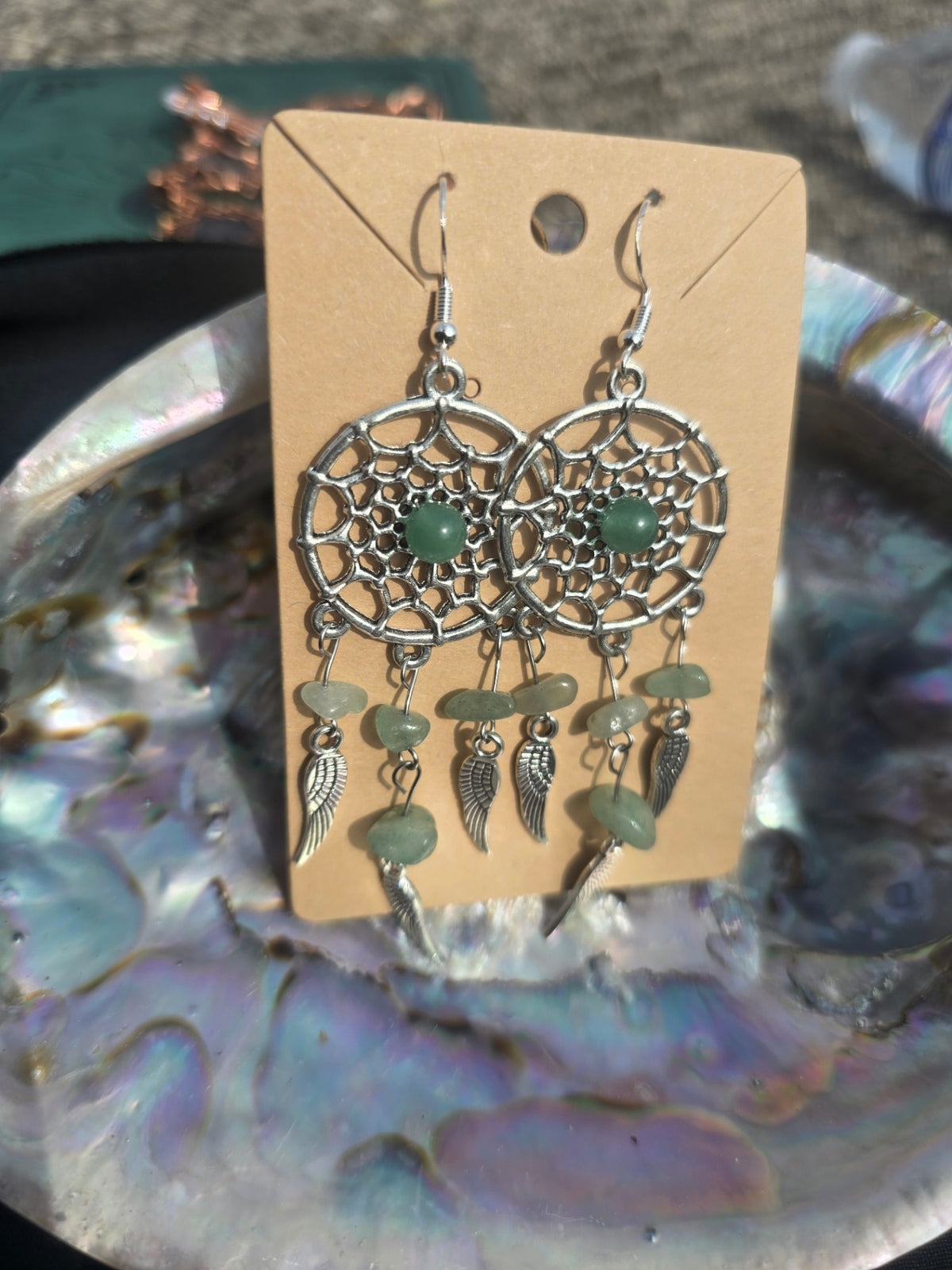 Green aventurine dream catcher earrings