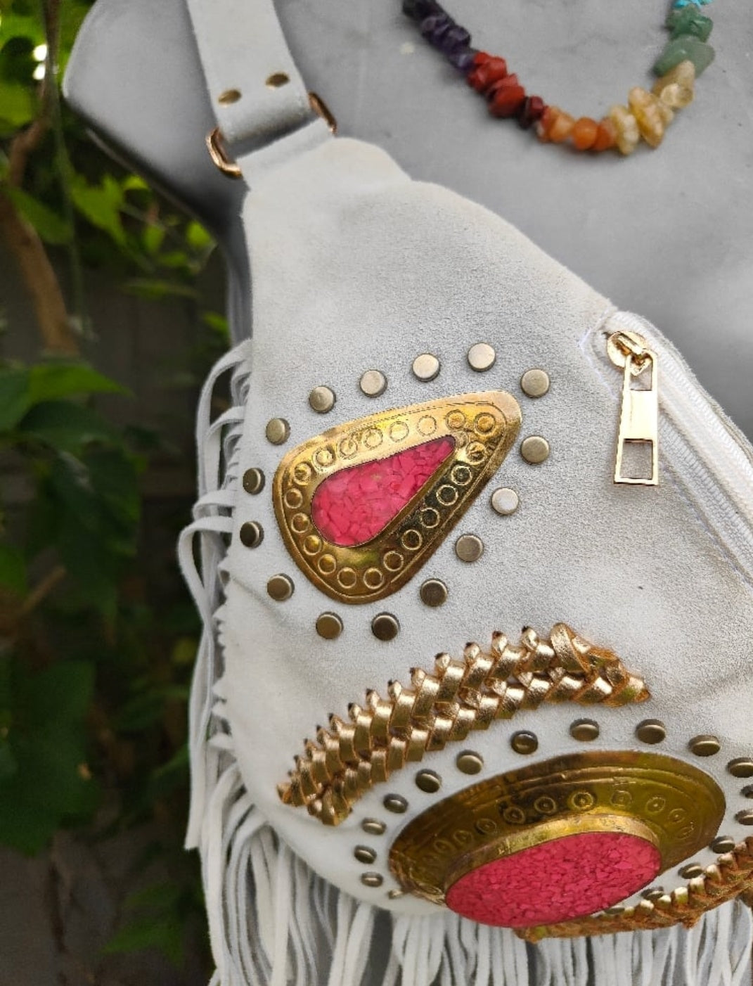DOLLY Bumbag Suede fringe tassles with Moroccan stone detail -white cream