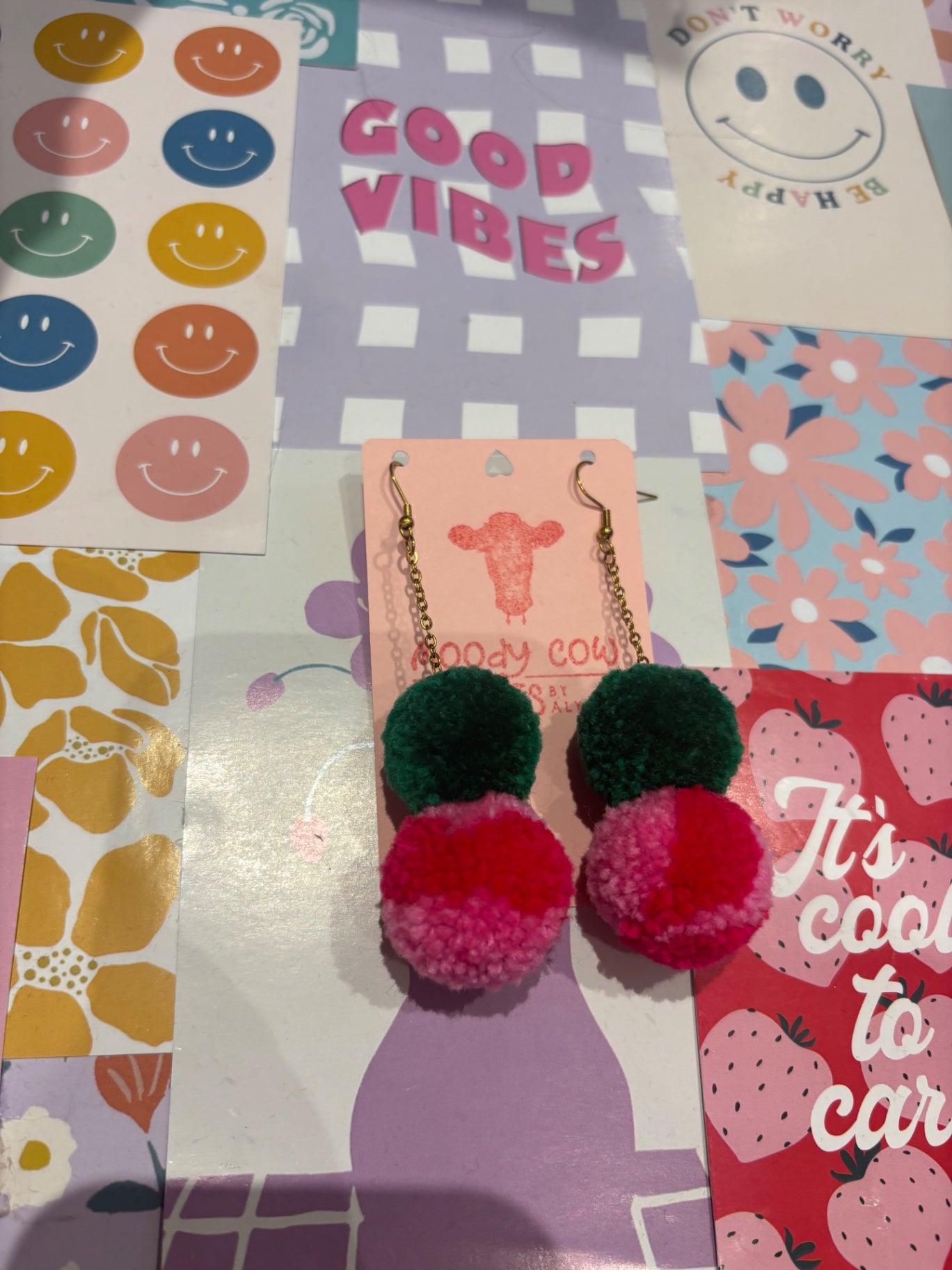 Green/pink Swirl Pom Pom Stack Earrings