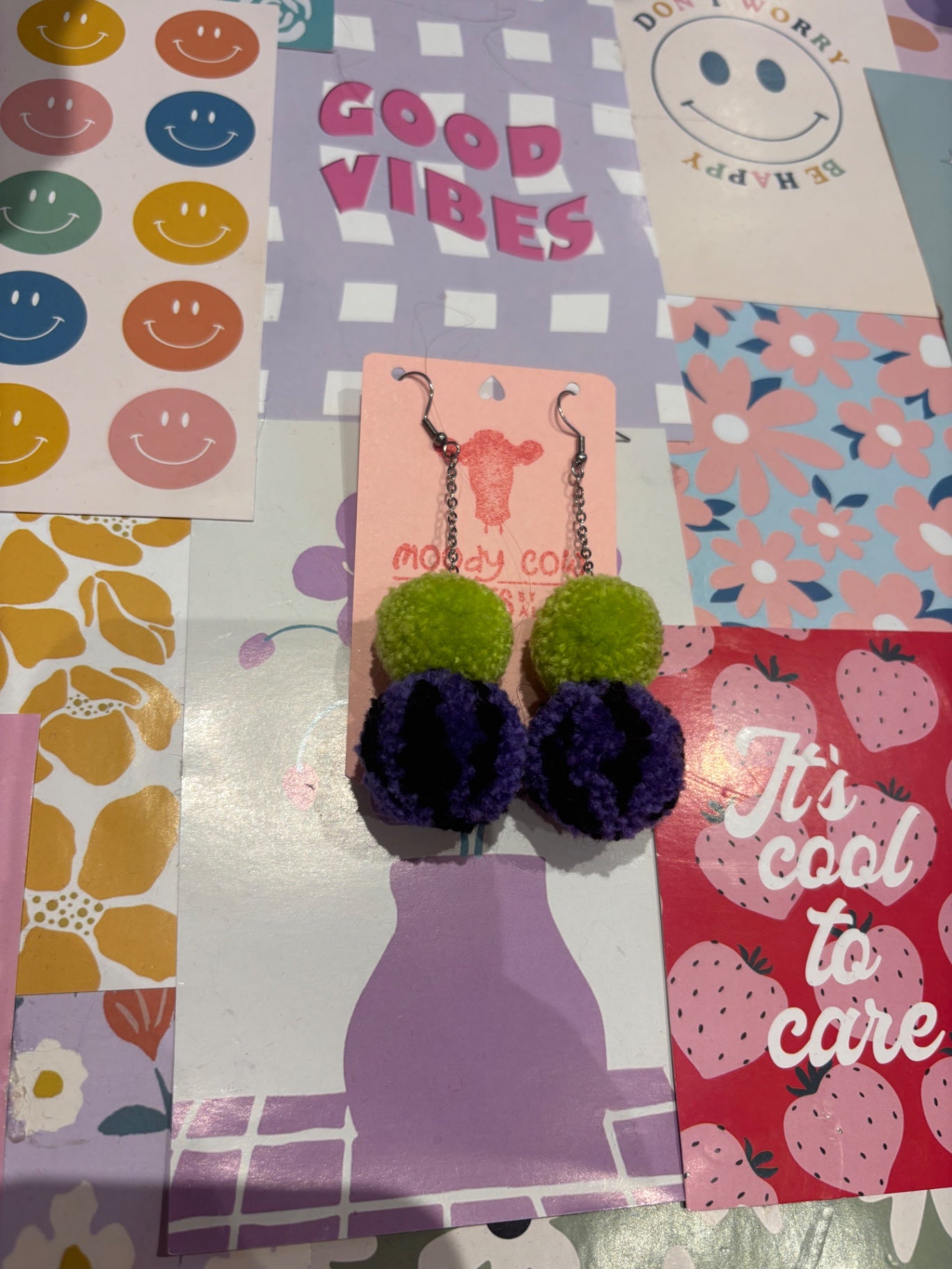 Green/purple Zebra Pom Pom Stack Earrings