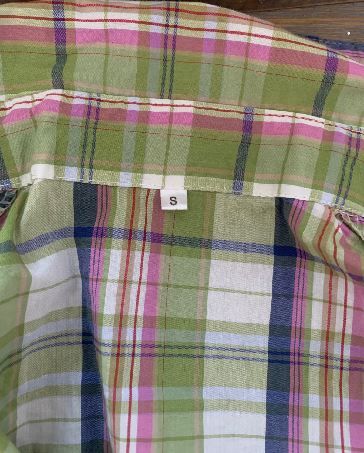 72% cotton green plaid shirt