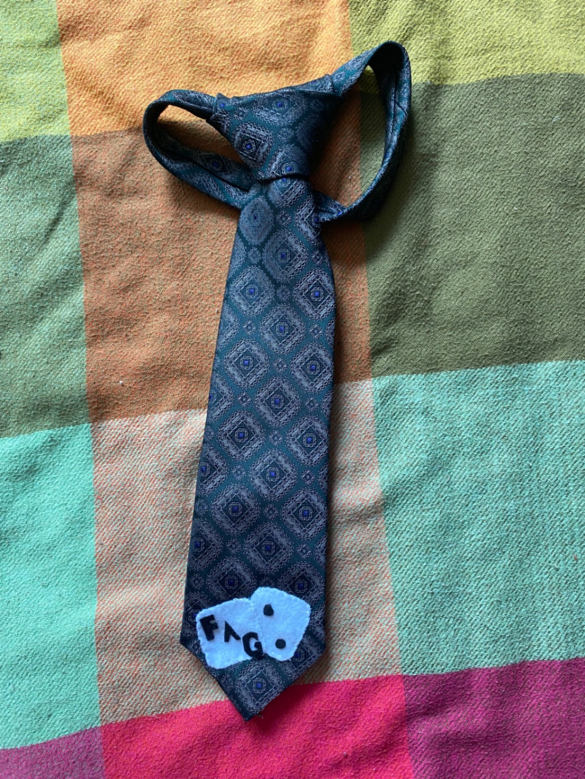 FAG DICE Up-cycled tie with hand sewn design