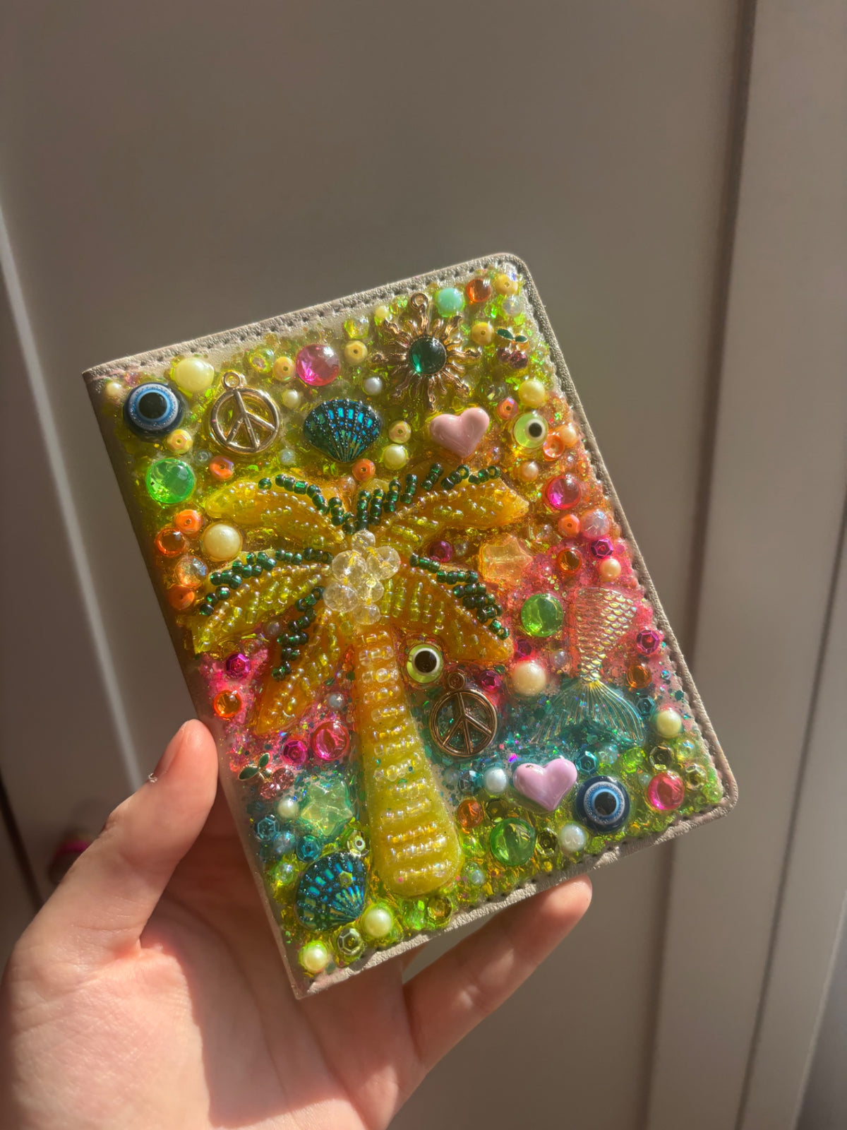 Passport cover - yellow palm tree beaded patch