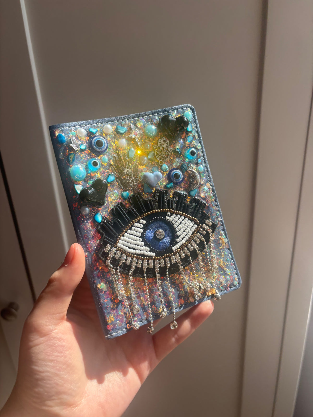 Passport cover - evil eye beaded patch