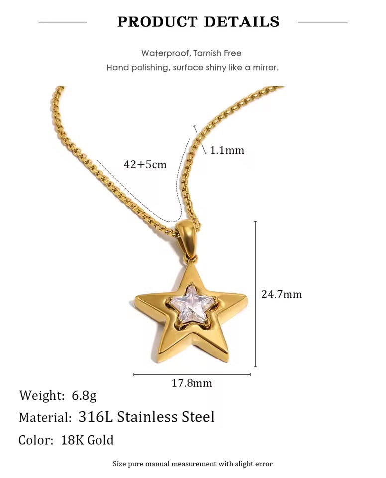 Crystal North Star Pendant Necklace Silver