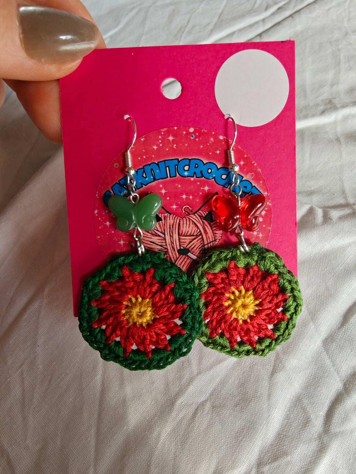 Crochet flower and glass butterfly earrings