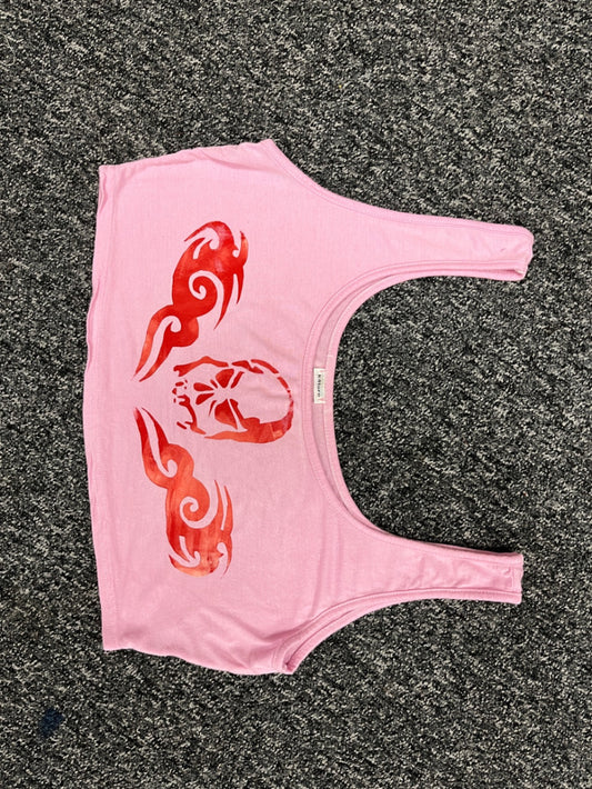 Baby pink scoop neck crop top with red tramp stamp design 