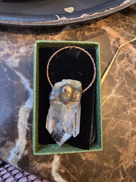 Clear quartz and labradorite point pendant 