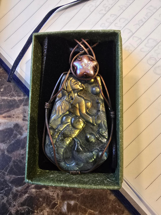 Labradorite mermaid and pearl pendant 