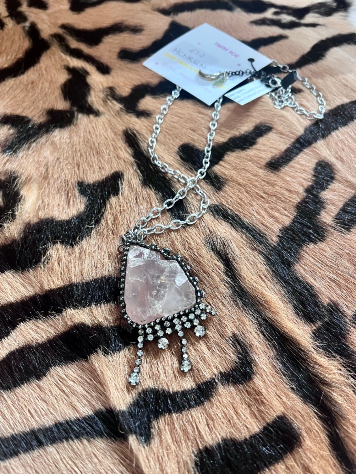 Raw Rose Quartz Diamanté silver necklace 