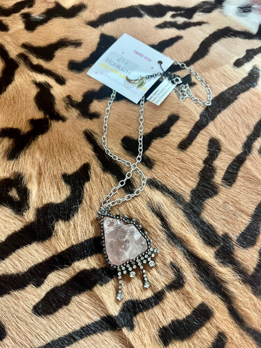 Raw Rose Quartz Diamanté silver necklace 