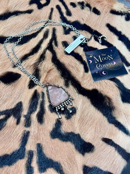 Raw Rose Quartz Diamanté silver necklace 