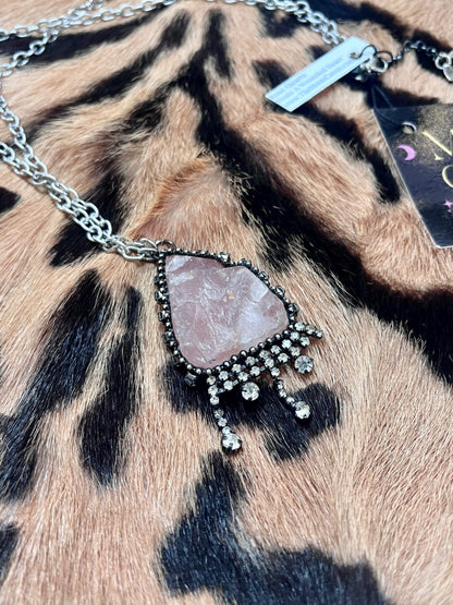 Raw Rose Quartz Diamanté silver necklace 