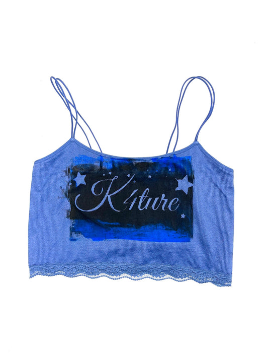 blue cami crop top with cursive K4TURE print