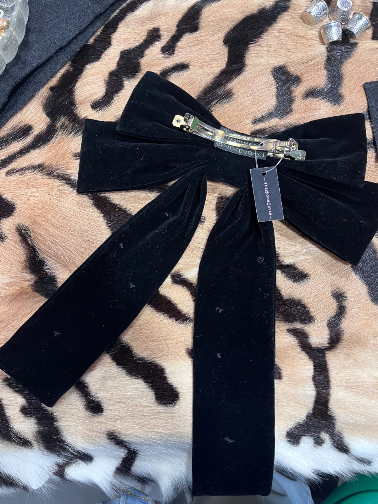 Peace Silver Black Velvet Hair Bow