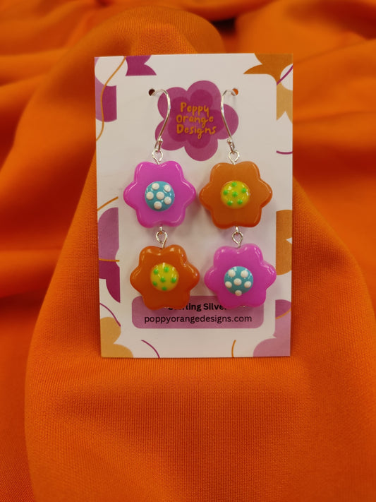Pink Orange Dangle Flower Earrings