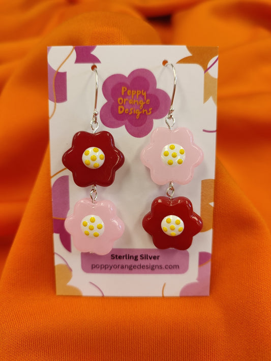 Red Pink Dangle Flower Earrings