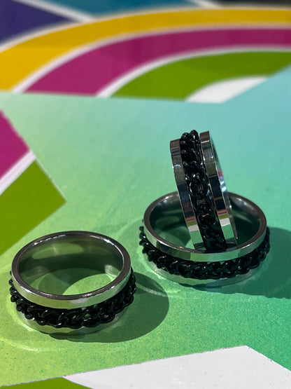 Anti Anxiety Silver Black Chain Ring S8