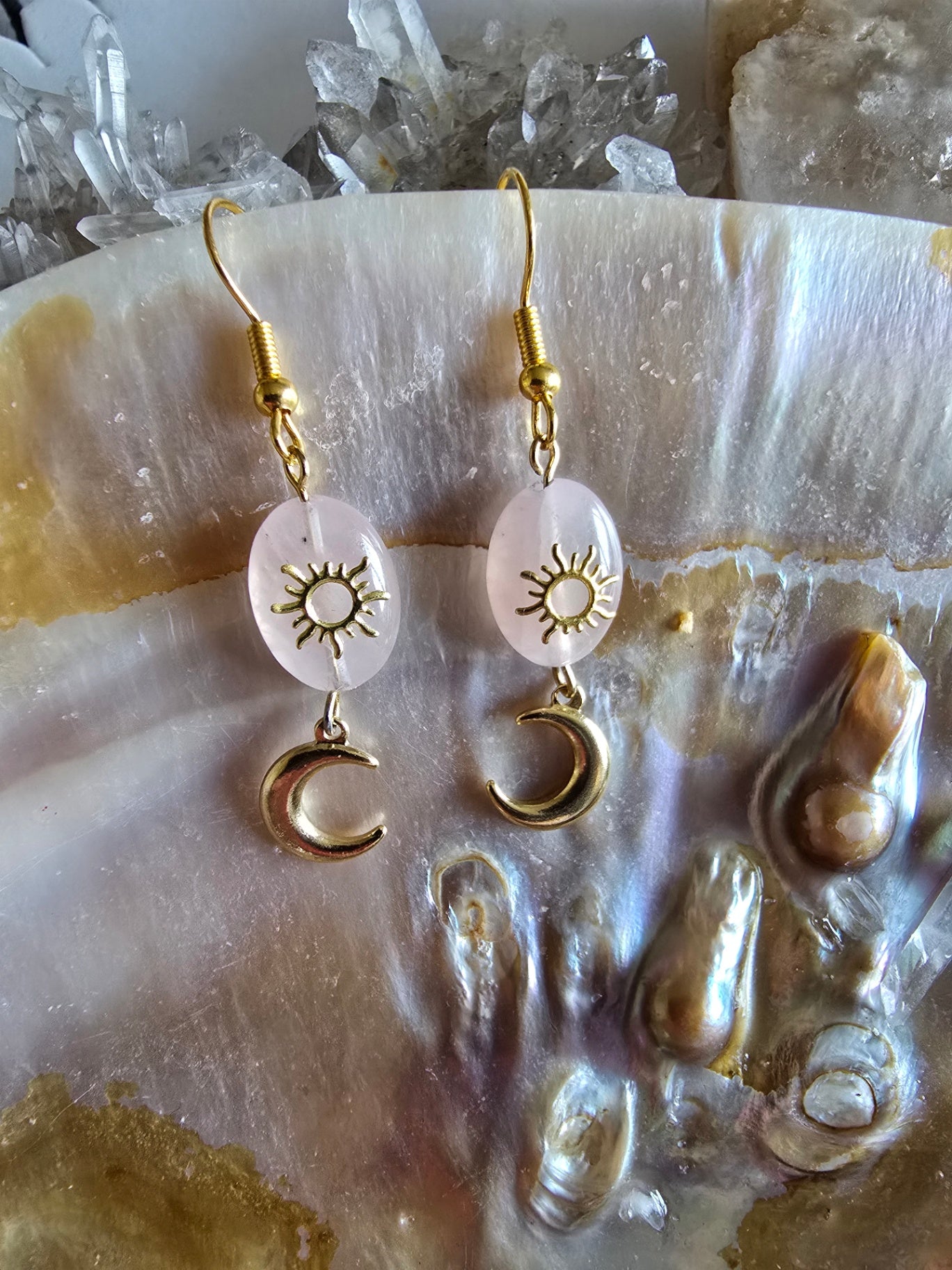 Rose quartz sun and moon earrings 