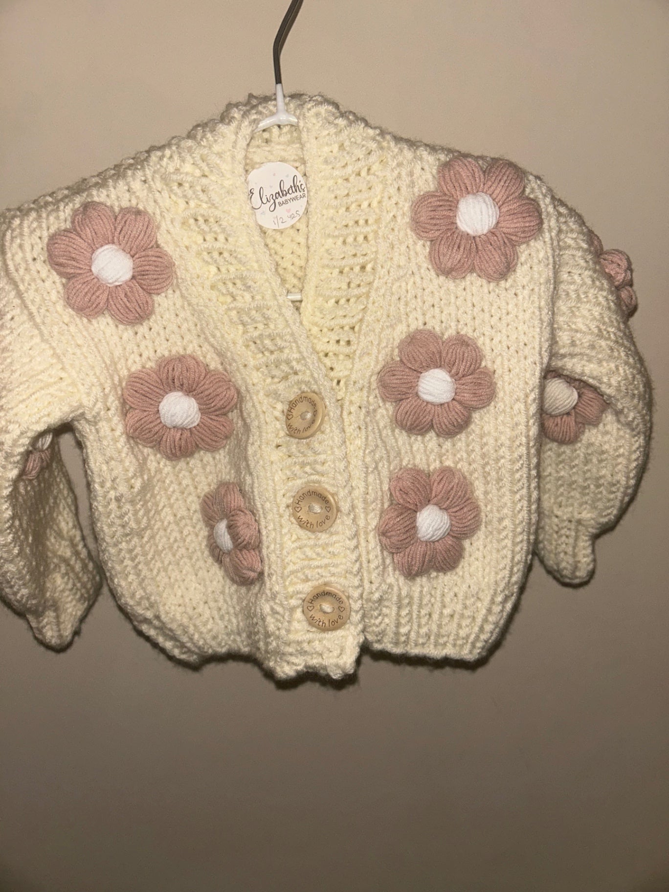 Handmade Cream Cardigan With Pink Daisies