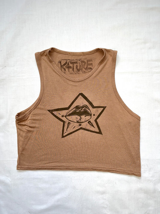 Brown racer top with lips print 