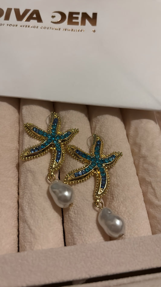 Blue star fish drop pearl earrings