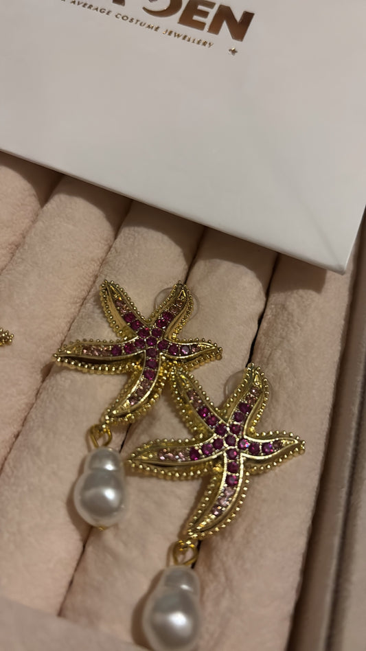 Ruby starfish drop pearl earrings