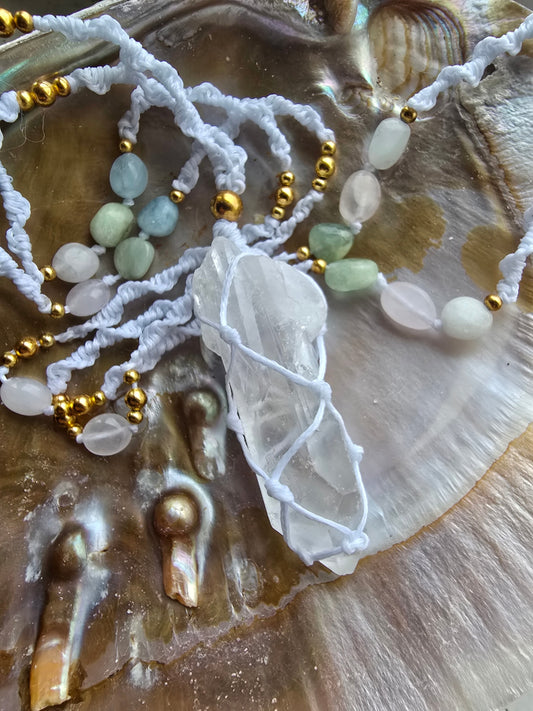Lemurian quartz and beryl macrame necklace 