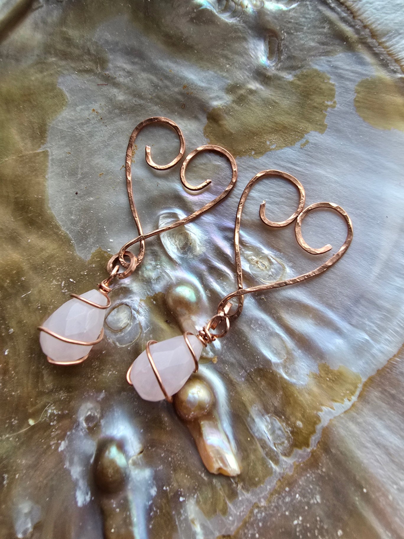 Rose quartz heart copper earrings 