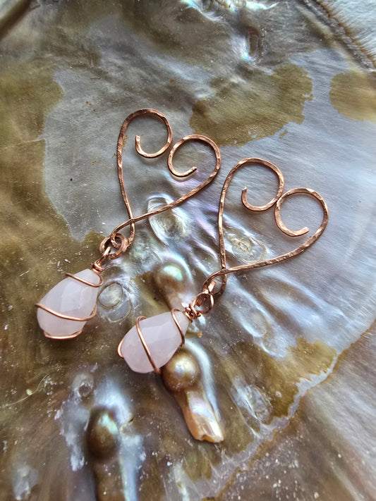 Rose quartz heart copper earrings 