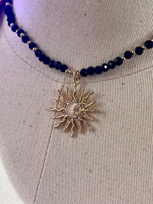 Moon Sun Charm Crystal Necklace Black